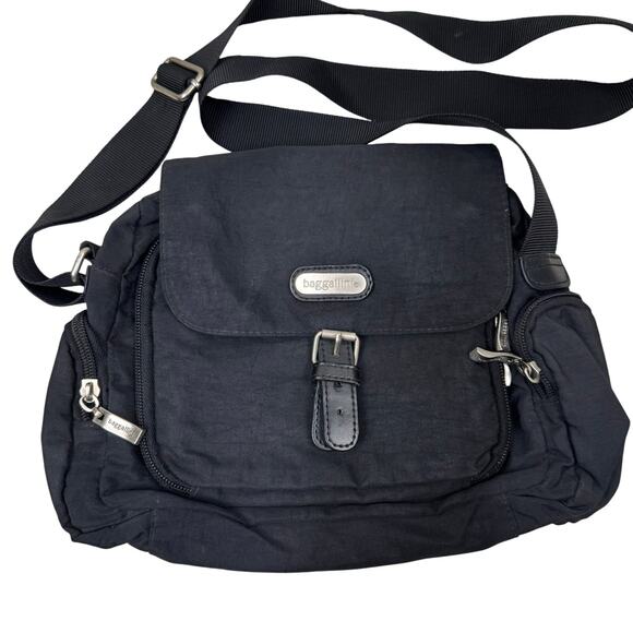 Baggallini Handbags - Baggallini Nylon Multi Pocket Magnetic Flap Belt Buckle Crossbody Handbag Black